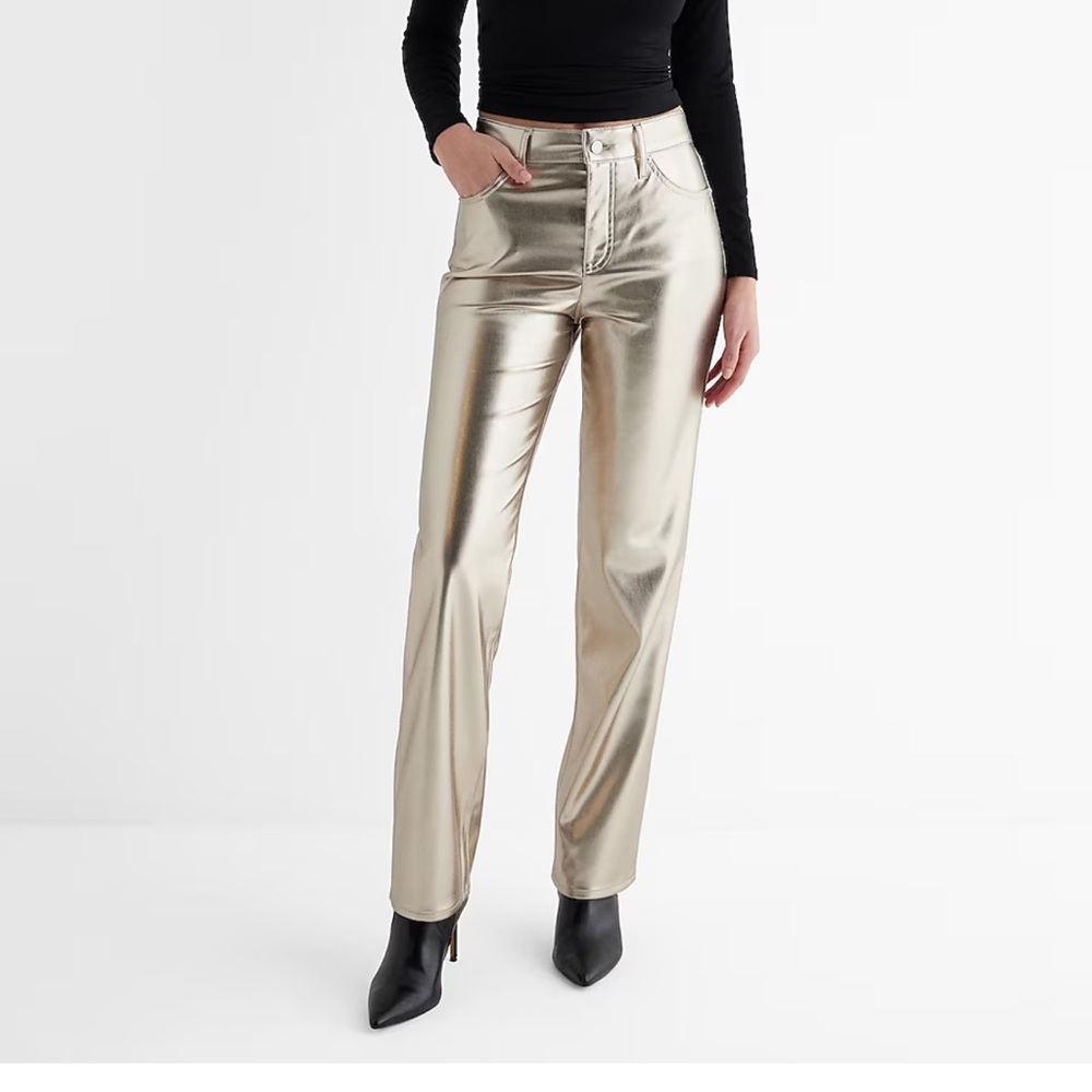 NWT Express high waisted beige/gold  metallic faux leather modern straight pants